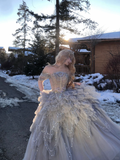 Gorgeous Glittering Sequined Beaded Off-the-shoulder Tulle Sweet 16 Quinceanera A-Line Evening Dress Ball Gown HZ1024