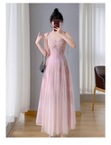 Vintage Simple Pink Plaid Elegant Design Short Sleeves Women Dress HZ1024