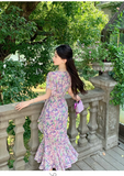 New Fashion Floaral Design V-neck Short Sleeves Mermaid Slim Long Dress HZ1024