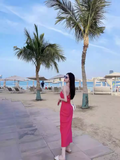 New Fashion Casual Rose Pink Sleeveless Halter Dress HZ1024