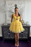 Cute Yellow One-shoulder Tiered Ruffle Design A-line Short Homecoming Dress HZ1024