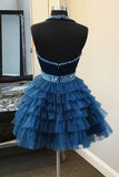 Fashion Navy Blue Multi-Layered Tulle Design A-line Halter Homecoming Dress HZ1024