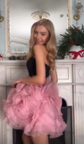 Vintage Black & Pink A-Line Strapless Tulle Homecoming Dress Party Dress Cocktail Dress HZ1024