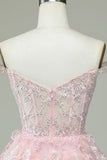 Vintage Pink Floral Embroidery Design A-line Off-the-shoulder Tiered Homecoming Dress HZ1024