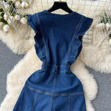 Vintage French Audrey Hepburn Waisted Design Denim Dress HZ1024