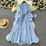 Vintage French V-neck Lantern Sleeve Single-breasted Waist Draw-in Embroidered Dress HZ1024