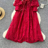 Vintage French V-neck Lantern Sleeve Single-breasted Waist Draw-in Embroidered Dress HZ1024