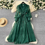 Vintage French V-neck Lantern Sleeve Single-breasted Waist Draw-in Embroidered Dress HZ1024