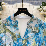 Palace Style Printed Lantern Sleeve V-neck Hollow Hook Embroidery Light Luxury Temperament A-line Dress HZ1024