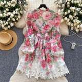 Palace Style Printed Lantern Sleeve V-neck Hollow Hook Embroidery Light Luxury Temperament A-line Dress HZ1024
