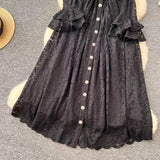 New Vintage Cuff Design Single-breasted High-waisted Lace Embroidery Dress HZ1024