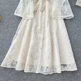 Vintage Elegant Crochet Embroidery Belt Design Single Breasted Flared Sleeve Long Dress HZ1024