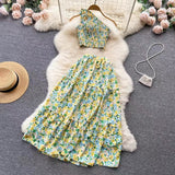 New Seaside Holiday Fashion Short Sleeveless Top High Waist Floral Skirt Two-piece Set HZ1024