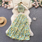 New Seaside Holiday Fashion Short Sleeveless Top High Waist Floral Skirt Two-piece Set HZ1024