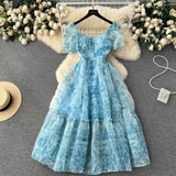 New French Audrey Hepburn Style Puff Sleeve Organza Floral Ball Gown HZ1024