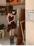 Sweet V-neck Irregular Ruffled Hem Design A-line Spaghetti Strap Dress HZ1024
