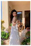 New Fashion White Tiered Dress Design A-line Beach Holiday Spaghetti Strap Dress HZ1024