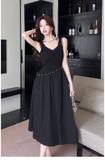 Simple Fashion Black Sleeveless Waist-cinching Design A-line Vest Dress HZ1024