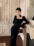 Vintage Fashion Black Square Collar Design Black A-Line Mermaid Long-sleeved Dress HZ1024