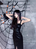 Simple Black Split Dress Design A-line Sleeveless Spaghetti Strap Leather Dress HZ1024