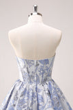 Retro Fashion Blue Corset Design Strapless Mini Party Dress Floral Homecoming Dress HZ1024