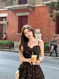 New Fashion Floral Design A-line Black High-waist Sleeveless Spaghetti Strap Dress HZ1024