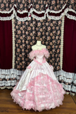 Vintage Pink Satin Tulle 3D Flowers Off-the-shoulder Sweet 16 Quinceanera A-Line Evening Dress Ball Gown HZ1024
