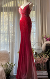 Retro Red V-neck Sparkling Beaded Mermaid Chiffon Ball Gown Evening Dress Prom Dress HZ1024