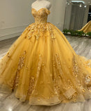 Beautiful Yellow Sweetheart Applique Off-the-shoulder Beaded Sweet 16 Quinceanera A-Line Tulle Floor-length Prom Dress Birthday Dress Evening Dress Ball Gown HZ1024