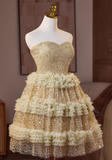 Vintage Sequined Design Elegant Mesh Sleeveless Strapless Tiered Homecoming Dress HZ1024