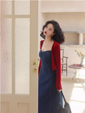 Simple Fashion Red Cardigan & Spaghetti Strap Denim Dress HZ1024