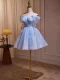 New Fashion Light Blue Pearl Design A-line Off-the-shoulder Puffy Homecoming Dress HZ1024