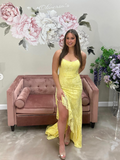 Cute Mermaid Yellow Spaghetti Strap Tulle Long Ball Gown HZ1024