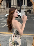 Stylish Elegant V-neck Floral Design Slim Halter Dress HZ1024