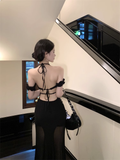Fashion Sexy Black Lace Cutout Sleeved Backless Halter Dress HZ1024