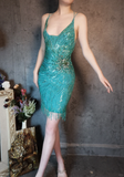 Vintage Blue-green Spaghetti Strap Sparkling Beaded Tassel Design Sheath Short Homecoming Dress HZ1024