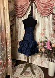Vintage Navy Blue Beading Strapless A-line Satin Short Homecoming Dresses HZ1024