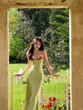 Vintage Green Floral Mermaid Spaghetti Strap Design Satin Prom Dress Evening Dress HZ1024