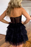 Vintage Black Glitter Design Tulle Short Strapless Homecoming Dress HZ1024