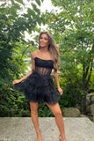 Vintage Black Glitter Design Tulle Short Strapless Homecoming Dress HZ1024