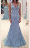 Mermaid Straps V Neck Lace Maxi Prom Dress Sky Blue Formal Gown HZ1024