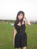 New Fashion Cinched Waist Design Black A-line Sleeveless Spaghetti Strap Dress HZ1024