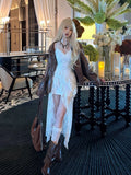 Simple White Irregular Ruffled Hem Design A-line Sleeveless Spaghetti Strap Dress HZ1024