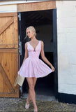 Vintage Pink V-neck Polka Dot A-Line Short Party Dress Cocktail Dress Homecoming Dress HZ1024