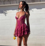 Vintage Fuchsia Lace Spaghetti Strap A-Line Short Tiered Party Dress Cocktail Dress Homecoming Dress HZ1024