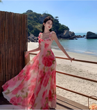 New Simple Pink Floral Design A-Line Beach Holiday Spaghetti Strap Dress HZ1024