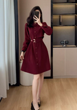 Simple Fashion Red Belt Elegant Design Women Long-sleeved Dress HZ1024