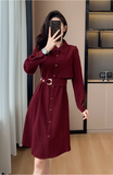 Simple Fashion Red Belt Elegant Design Women Long-sleeved Dress HZ1024