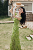 Vintage Simple Elegant Green Floral Design Beach Holiday Women Long Dress HZ1024