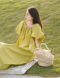 Simple Puffy Short Sleeves Green A-Line Square Neckline Women Dress HZ1024